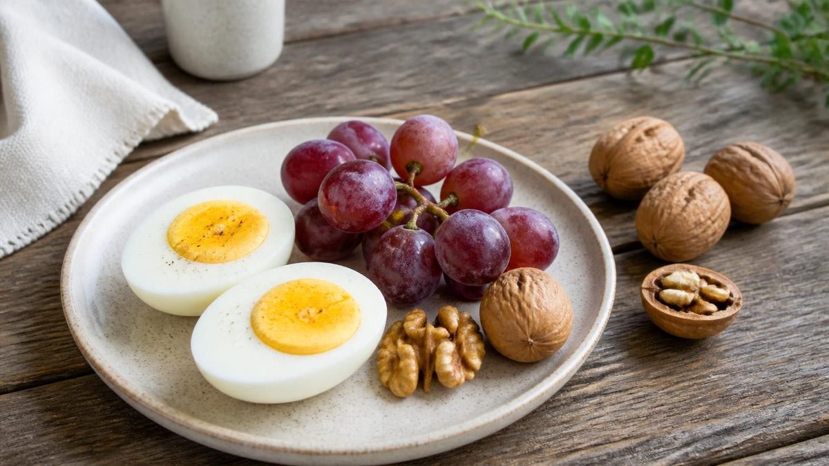 A simple plate with a halved hard-boiled egg, red grapes and walnuts on a wooden table