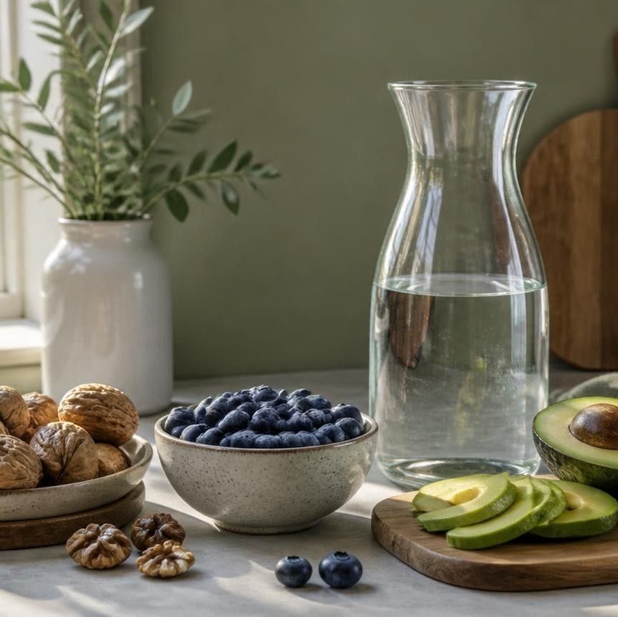 A calm kitchen table with walnuts, a bowl of blueberries, a glass carafe of water and sliced avocado