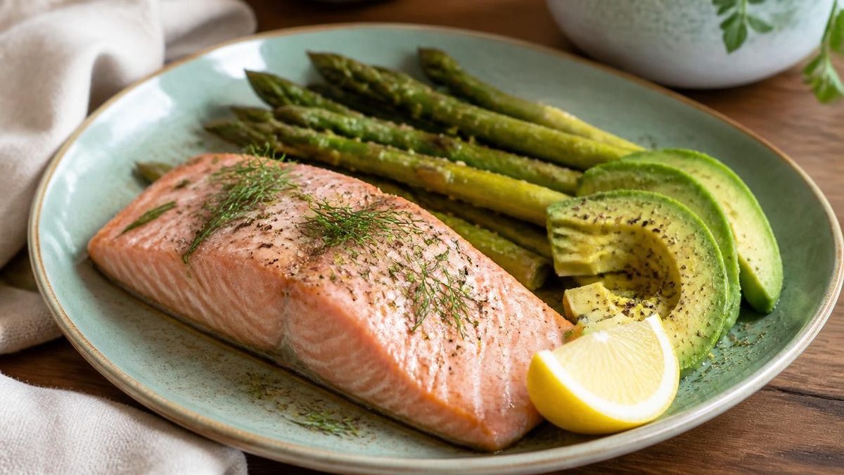 A plate of baked salmon with dill, roasted asparagus, avocado slices and a lemon wedge